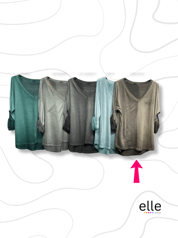 HADLEY VISCOSE ELASTANE V-NECK SIDE POCKET TOP - TAUPE