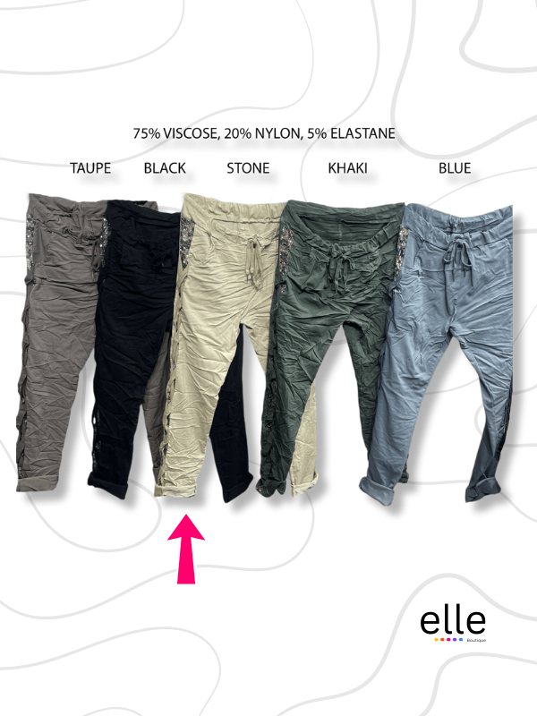 MAKENZIE VISCOSE ELASTANE SEQUIN PATCH PANTS - STONE