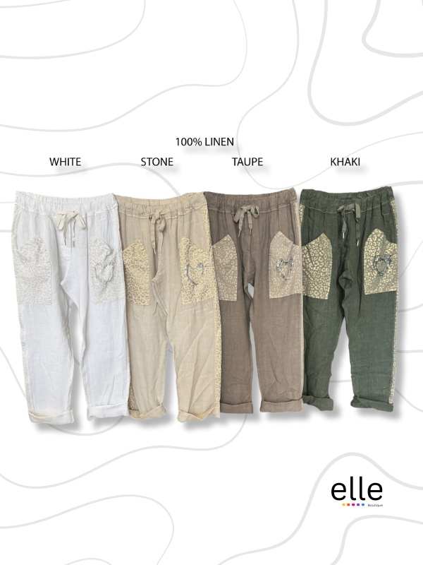 GRACE LINEN ANIMAL & HEART POCKET DETAIL PANTS - WHITE