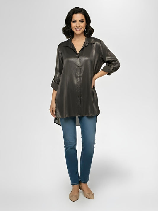 ADALYN POLY ELASTANE SHINE BUTTON-UP SHIRT - BLACK