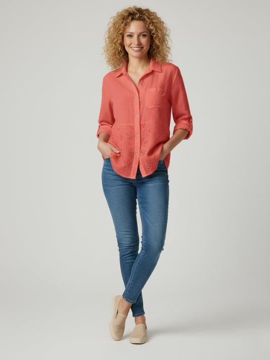 AMARA LINEN ANGLAISE PATCH SHIRT - ORANGE