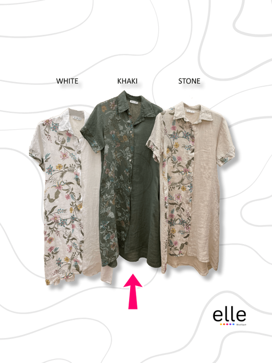 ROSA LINEN PRINTED LONG SHIRT DRESS - KHAKI