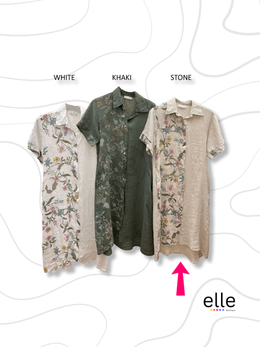 ROSA LINEN PRINTED LONG SHIRT DRESS - STONE