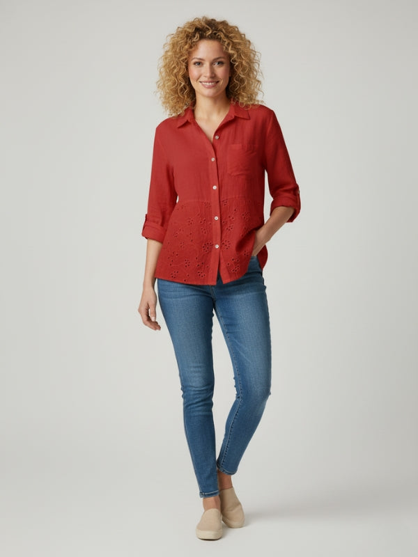AMARA LINEN ANGLAISE PATCH SHIRT - RED