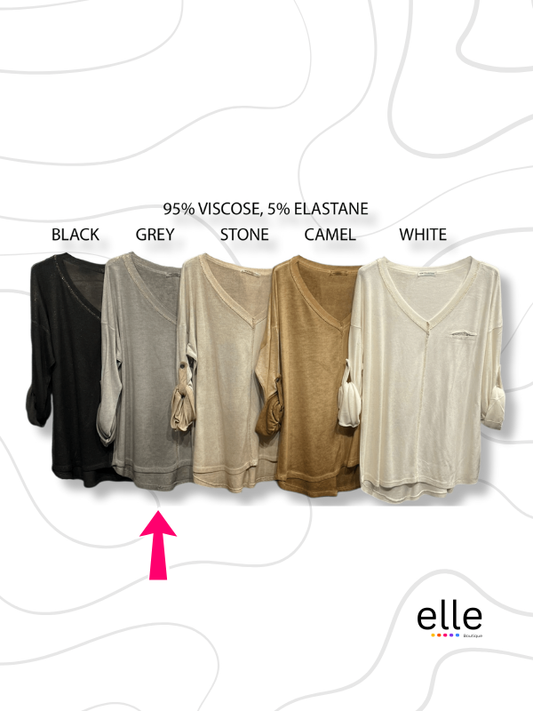 HADLEY VISCOSE ELASTANE V-NECK SIDE POCKET TOP - GREY