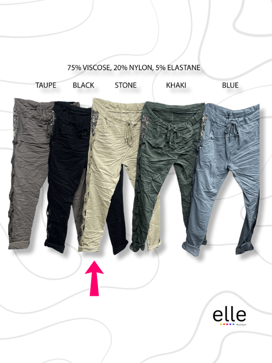 MAKENZIE VISCOSE ELASTANE SEQUIN PATCH PANTS - STONE