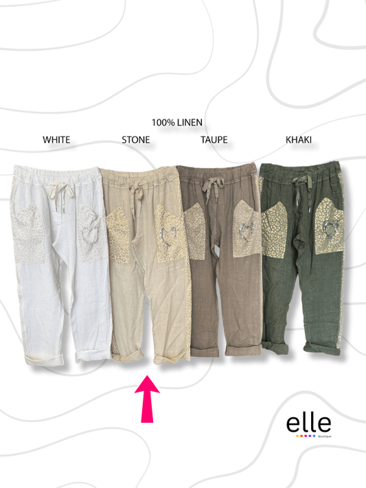 GRACE LINEN ANIMAL & HEART POCKET DETAIL PANTS - STONE
