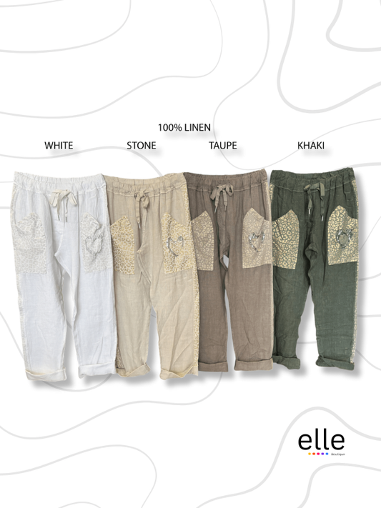 GRACE LINEN ANIMAL & HEART POCKET DETAIL PANTS - WHITE