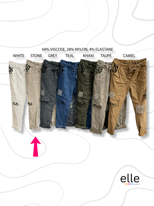 SERENITY VISCOSE ELASTANE ANIMAL & SEQUIN PATCH PANTS - STONE