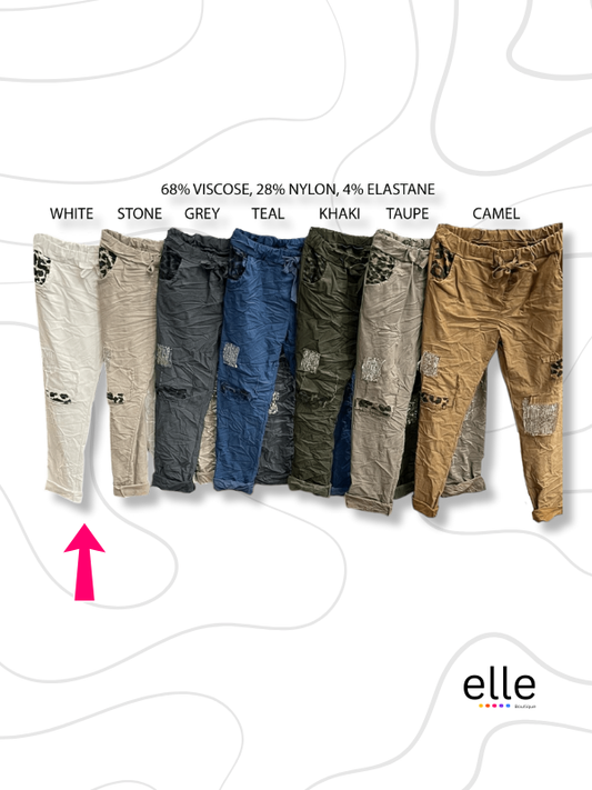 SERENITY VISCOSE ELASTANE ANIMAL & SEQUIN PATCH PANTS - WHITE