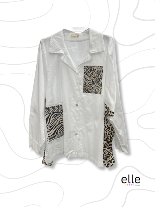 KINSLEY COTTON ANIMAL PATCH SHIRT - WHITE
