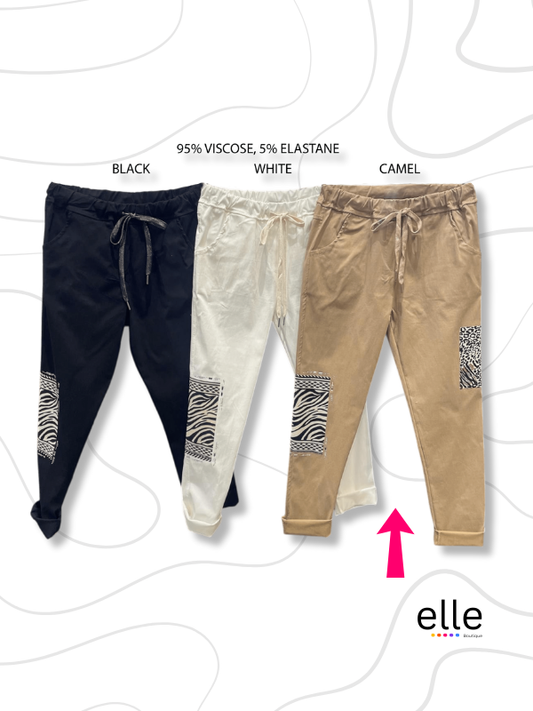 EVA VISCOSE STRETCH ANIMAL PATCH PANTS - CAMEL