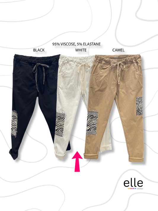 EVA VISCOSE STRETCH ANIMAL PATCH PANTS - WHITE