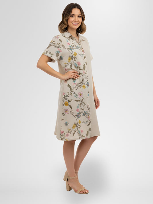 ROSA LINEN PRINTED LONG SHIRT DRESS - KHAKI