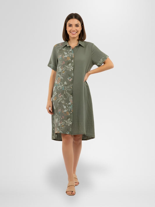 ROSA LINEN PRINTED LONG SHIRT DRESS - STONE