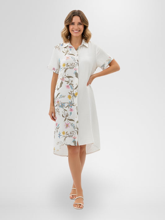 ROSA LINEN PRINTED LONG SHIRT DRESS - WHITE